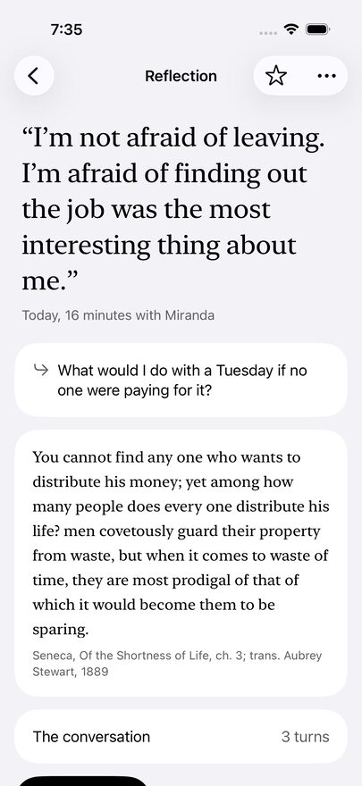 A saved reflection opens with a quote from the user, followed by a passage from Seneca