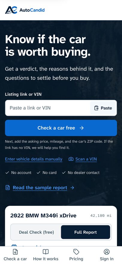 The homepage asks for a listing link or VIN to check if a car is worth buying