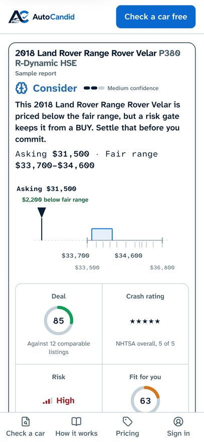 A sample report for a Range Rover Velar with its verdict, price against the fair range, and scores