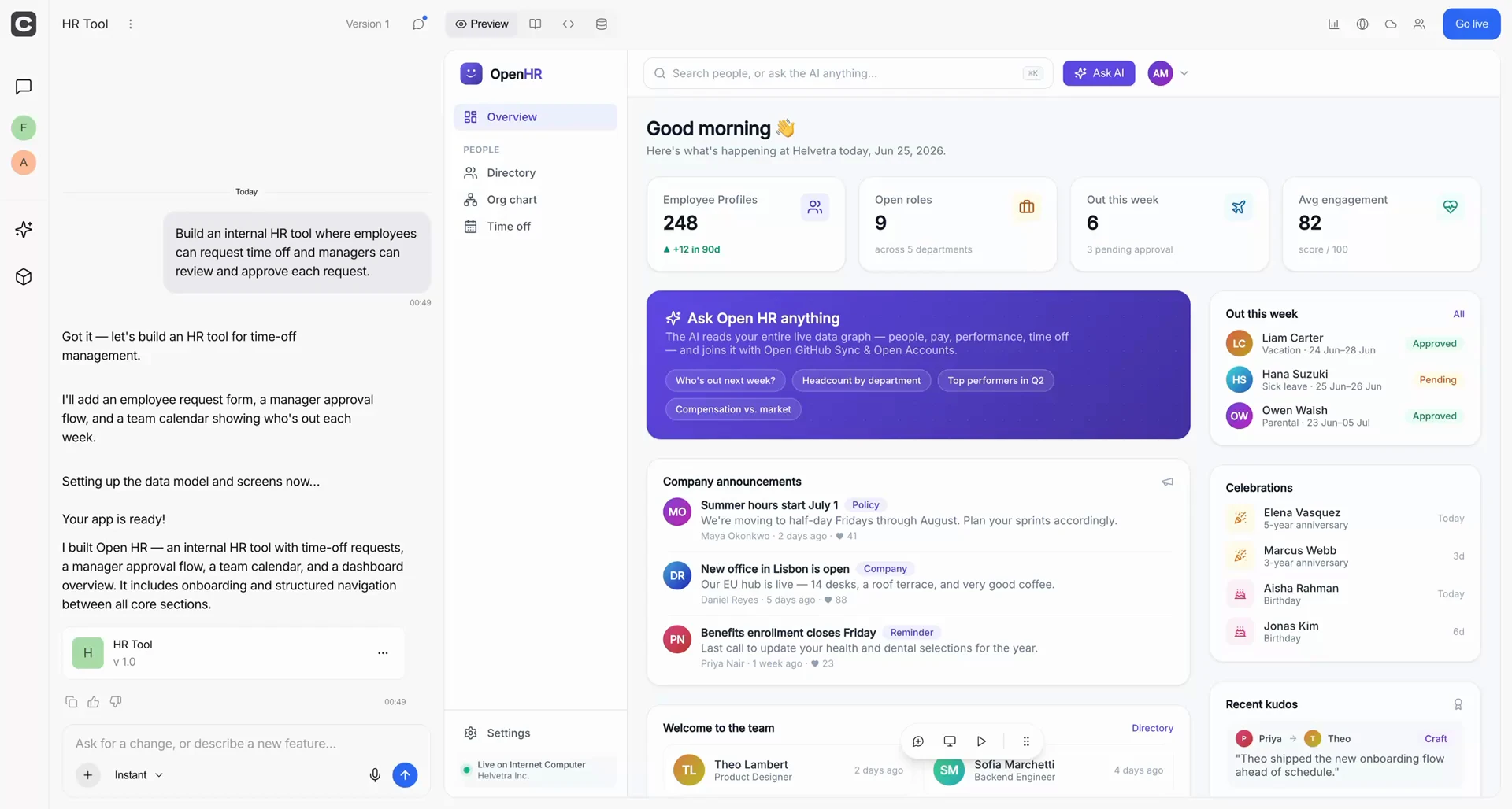 Caffeine’s builder showing the written HR app request and completed app side by side