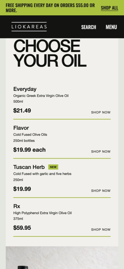 The Choose your oil comparison of Everyday, Flavor, Tuscan Herb and Rx oils with prices