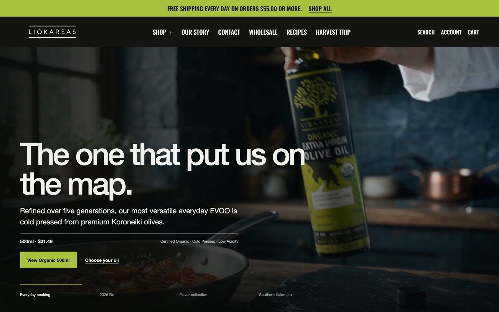 The study's first screen: an olive oil pour, the headline The one that put us on the map, the 500 ml price and a View Organic 500ml button