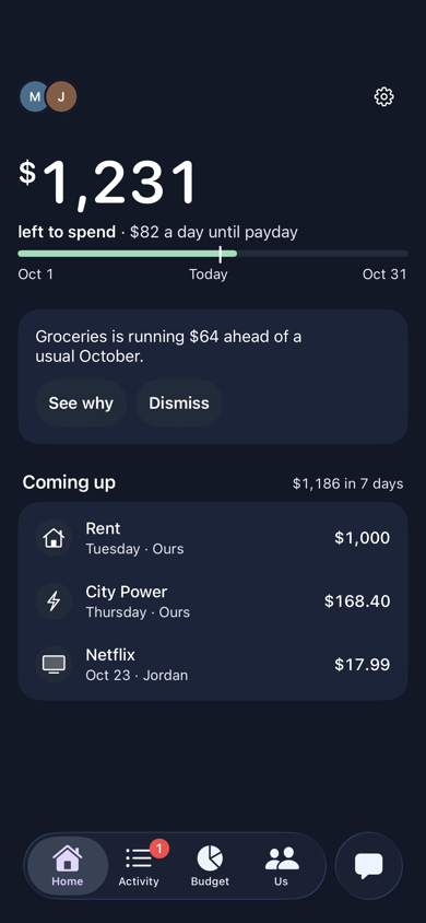 Home shows $1,231 left to spend, a pace bar to payday and upcoming shared bills