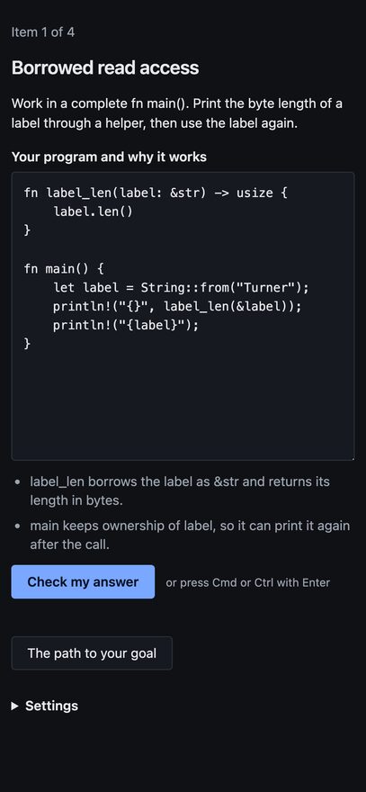 One current lesson prototype: writing a Rust borrowing program and explaining why it works