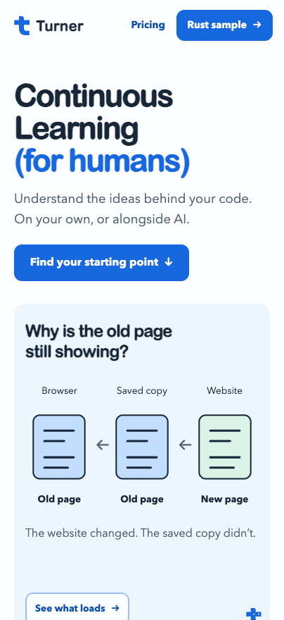 Turner’s current prototype homepage introducing continuous learning for humans